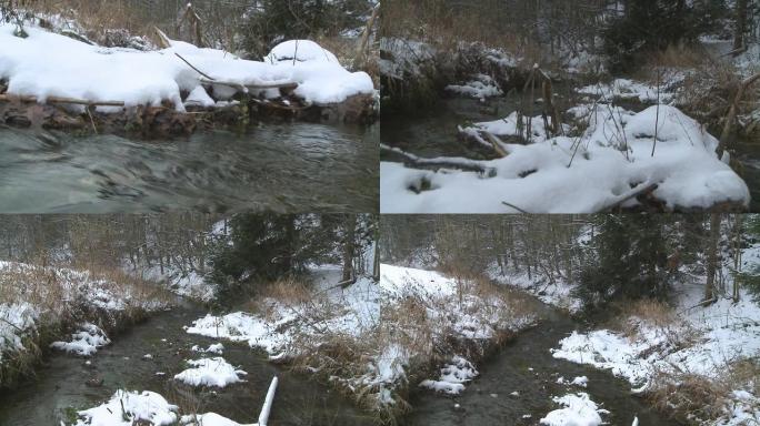 冬季徒步旅行者冰雪消融河流特写流水溪流