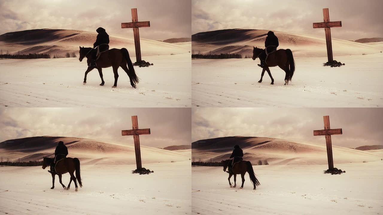 骑手通过十字架冬季冬天欧洲人文文化死亡地