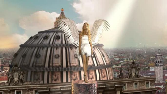 城市上空的天使美女天使合成背景