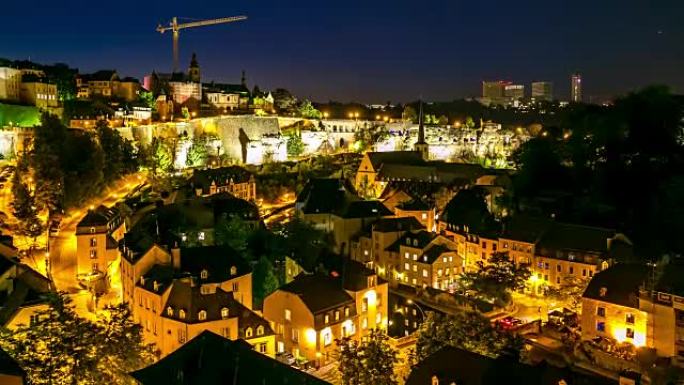 4k延时: 卢森堡市老城区黄昏时的城市景观
