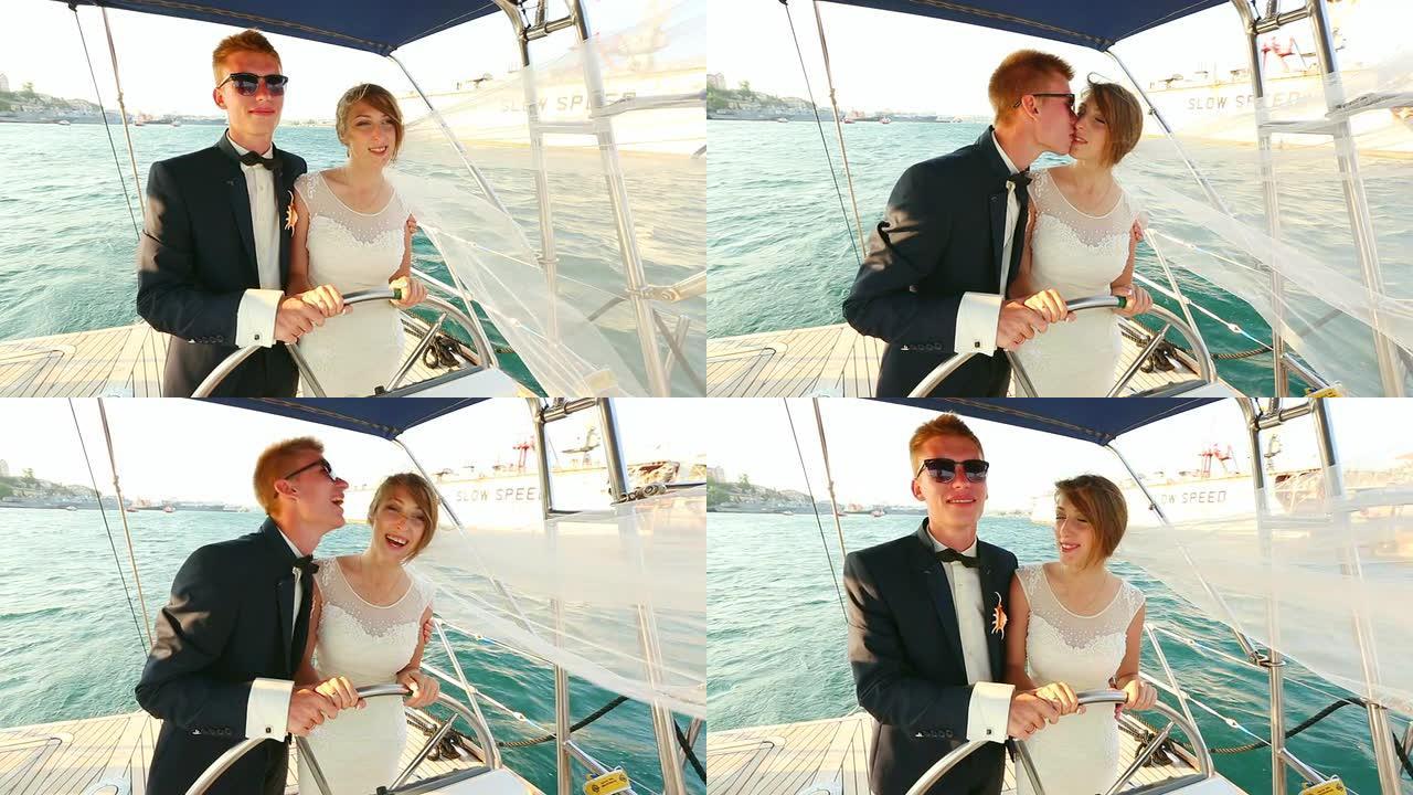 游艇掌舵的婚礼之旅