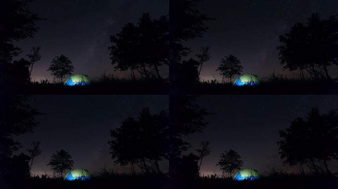 晚上在帐篷上方旋转星星。时间流逝