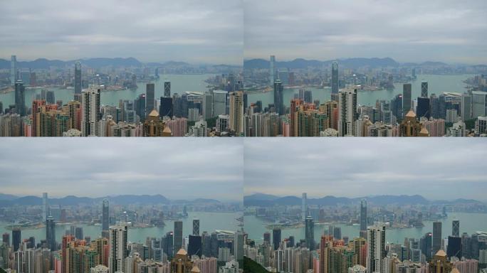 4k，可欣赏香港城市景观，向太平山望去的岛屿，显示繁忙的维多利亚港和中国香港中环金融区，香港岛的天际