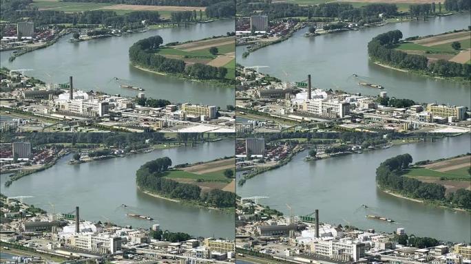 莱茵河和商业船-鸟瞰图-黑森，直升机拍摄，空中视频，cineflex，建立镜头，德国
