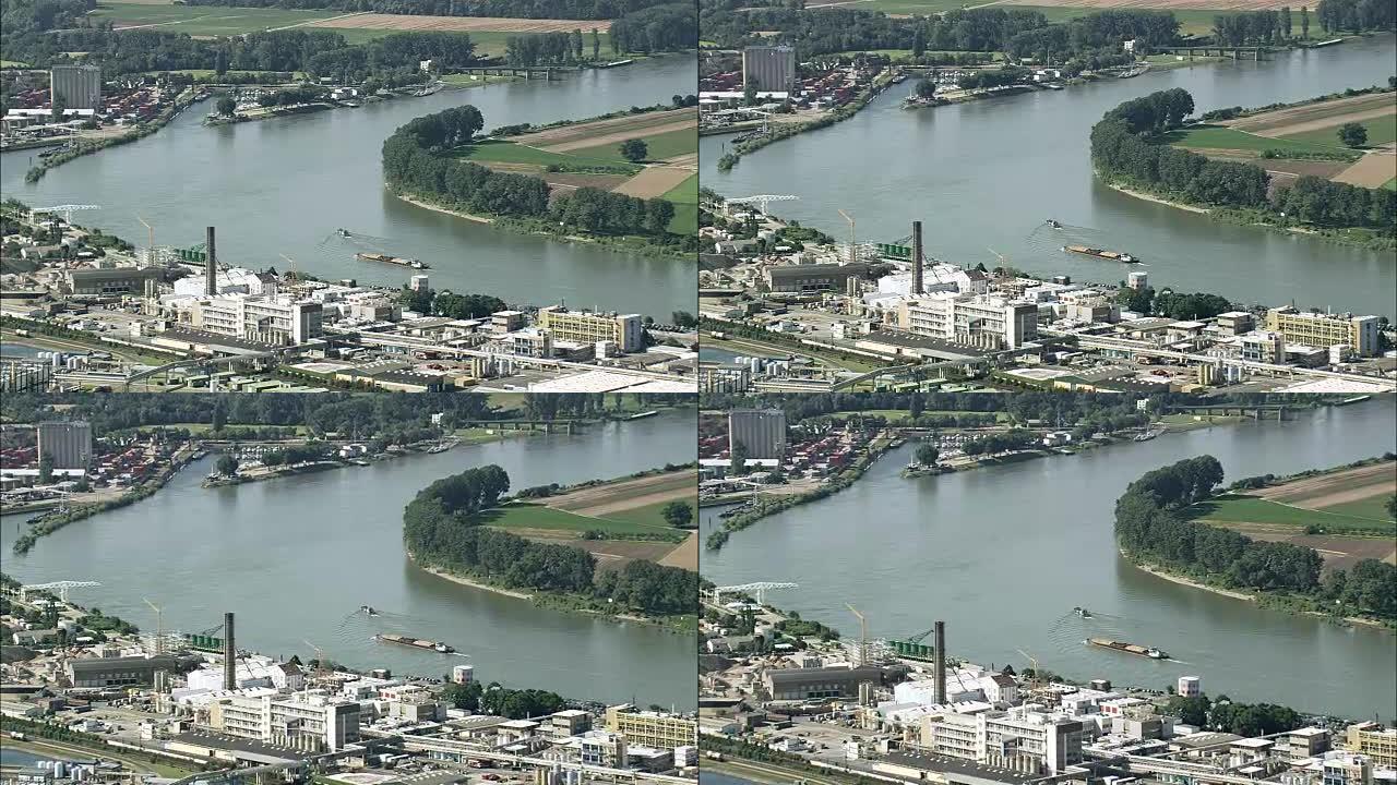 莱茵河和商业船-鸟瞰图-黑森，直升机拍摄，空中视频，cineflex，建立镜头，德国