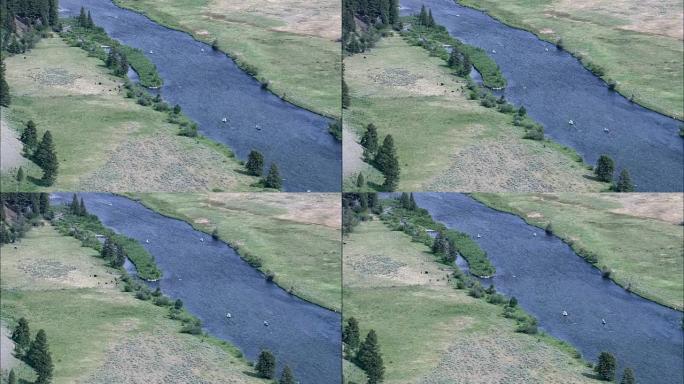 麦迪逊河上的渔船-鸟瞰图-蒙大拿州，麦迪逊县，直升机拍摄，空中视频，cineflex，建立镜头，美国