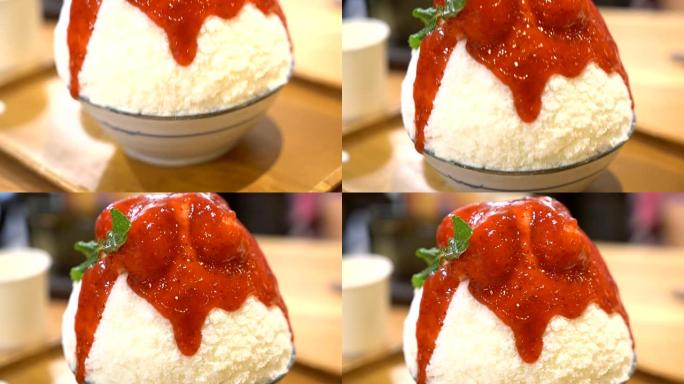 白冰牛奶上的草莓和酱汁-韩国甜点