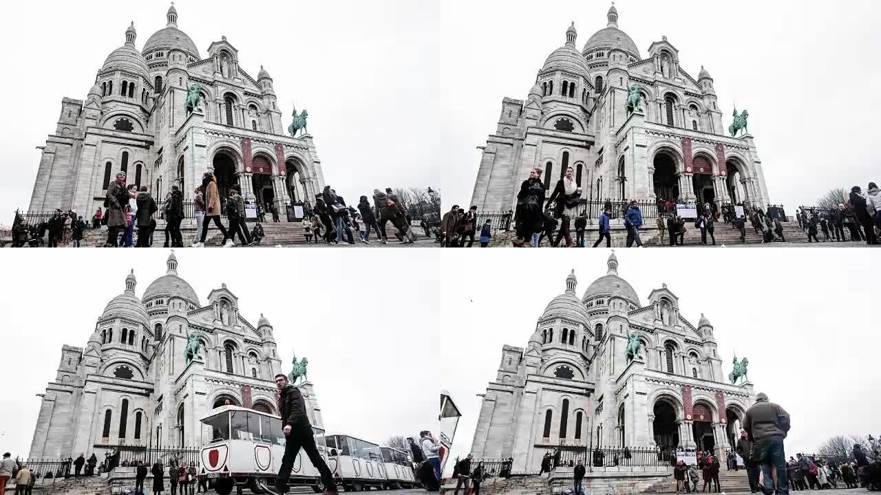 巴黎-大约3月2015日: 大约3月2015日在法国巴黎，延时的人们聚集在巴黎圣心大教堂正面的台阶上