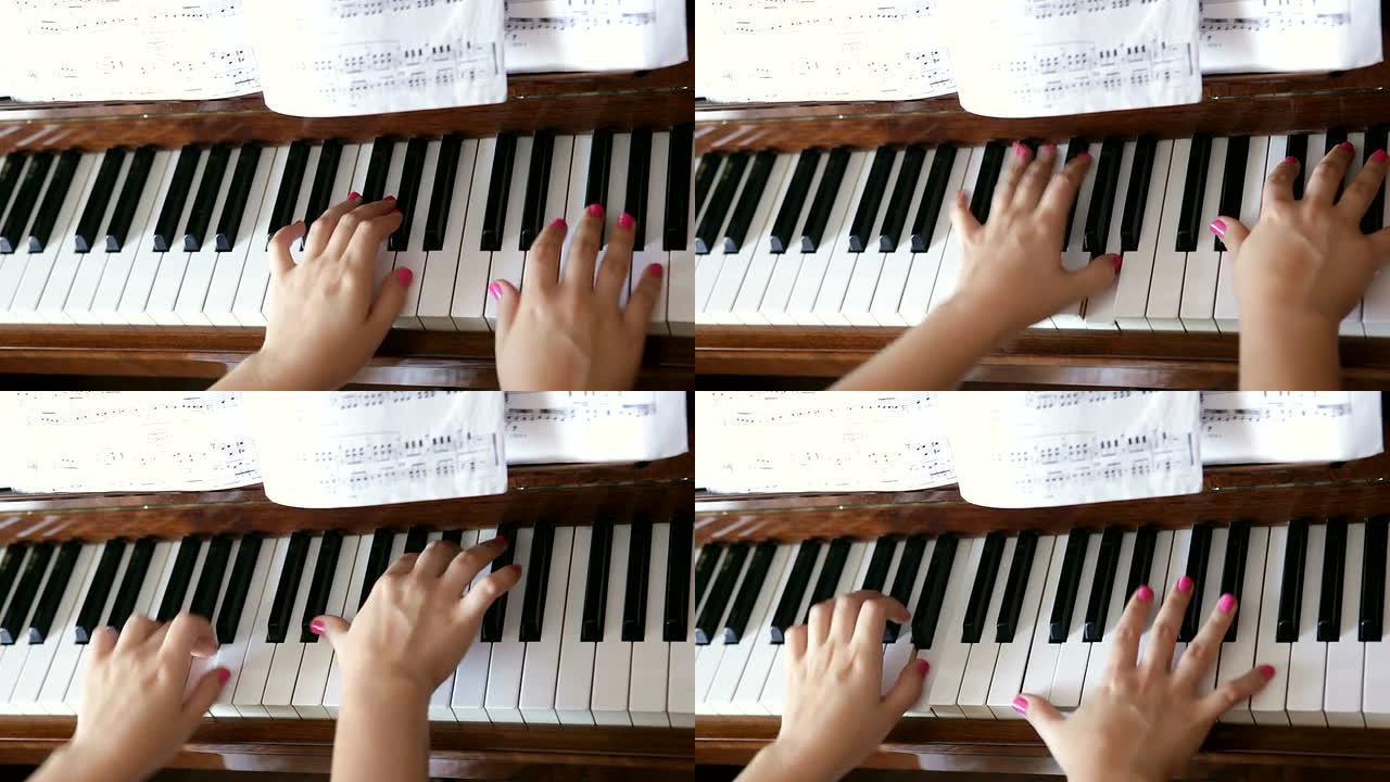 女孩弹钢琴特写视频