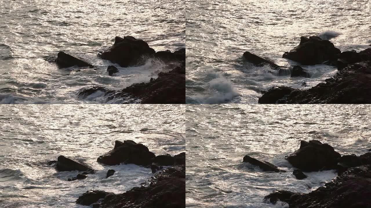 波浪与岩石大海边浪花海岛拍打石头礁石