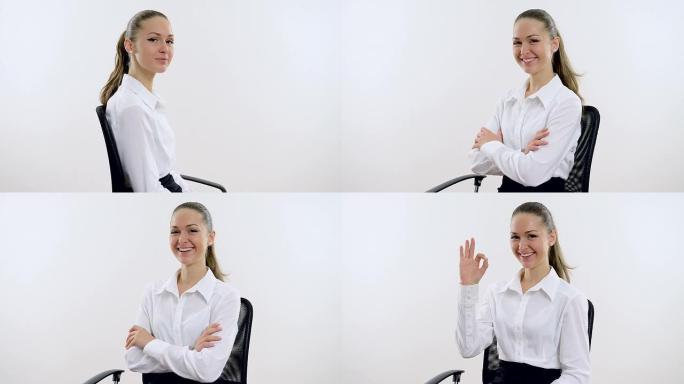 办公室里年轻漂亮的女商人，背景是白色。