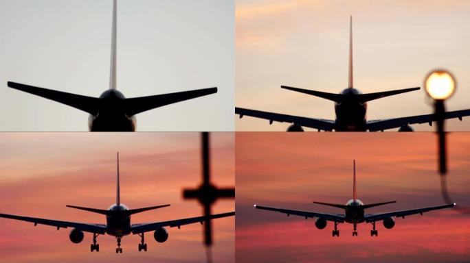 日落时喷气式客机降落。