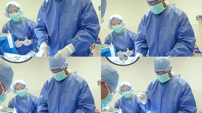 高级非裔美国外科医生在手术室中使用缝线