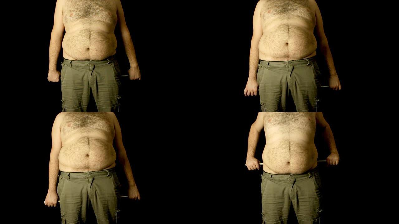 超重赤膊男子伸展肥胖症大肚腩大肚皮特写