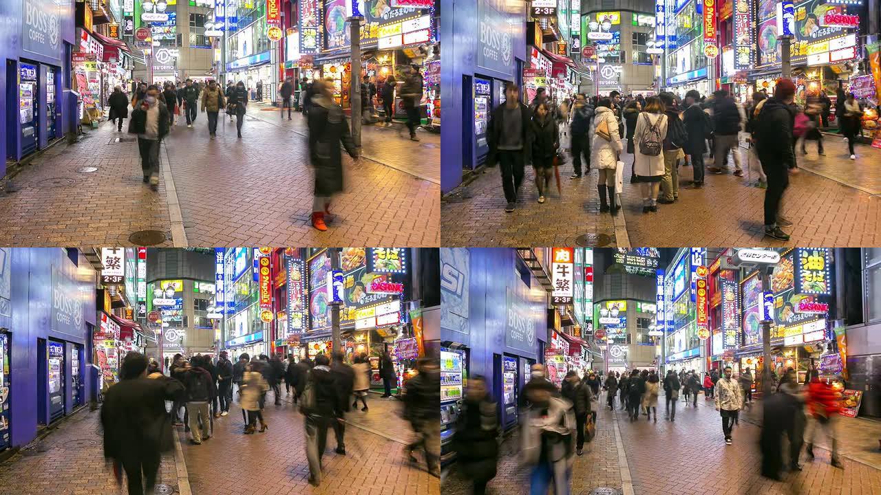 高清延时：黄昏时分，行人在涩谷街下着雨