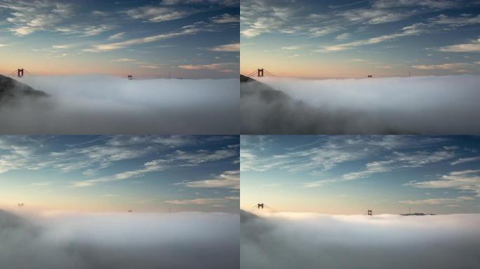金门大桥有雾的日出。