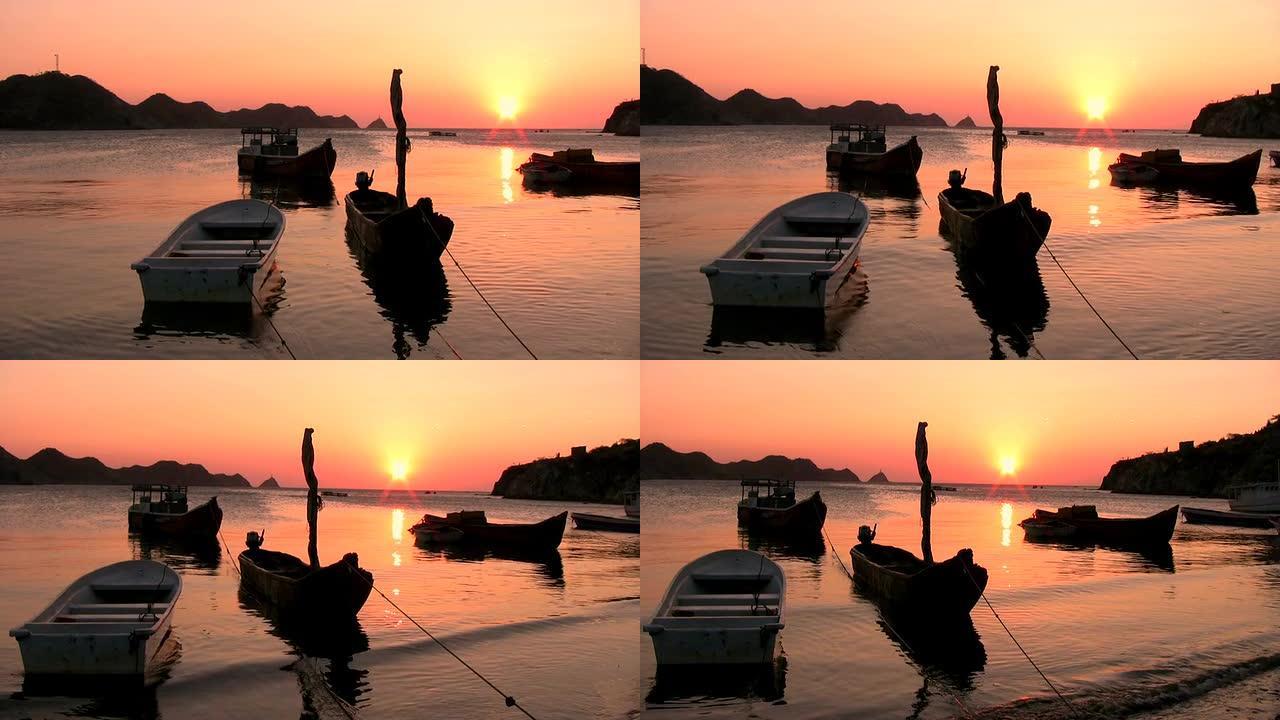 高清：海上日落海上日落渔船