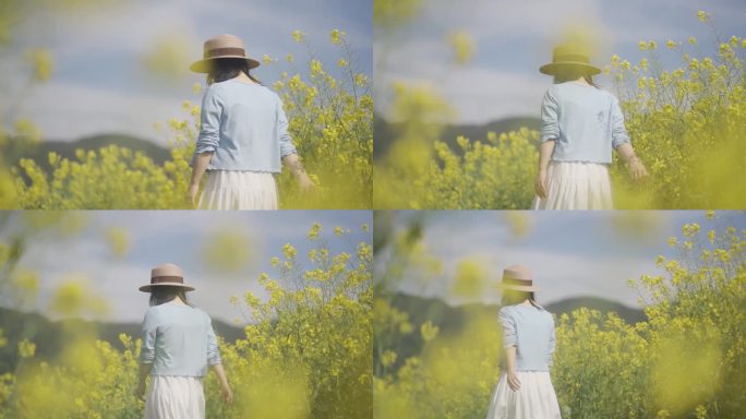 油菜花地美女田间慢步背影户外踏青唯美清新