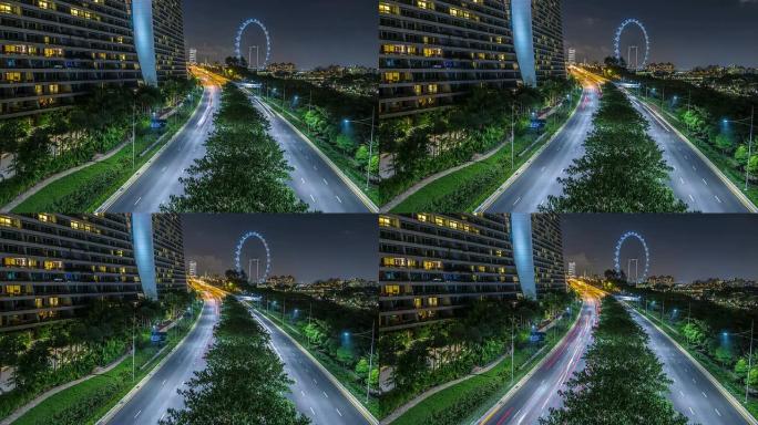 新加坡城市景观晚上车流车灯线地产房产