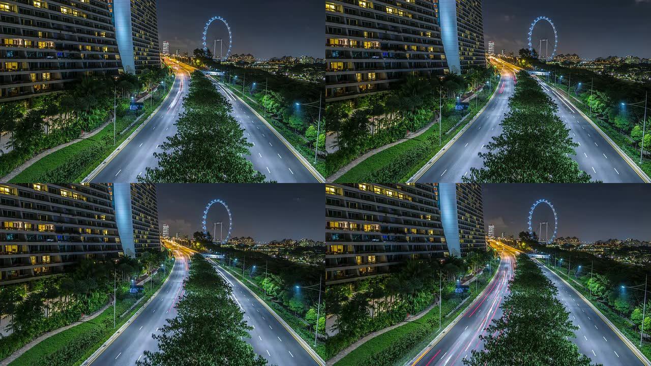 新加坡城市景观晚上车流车灯线地产房产