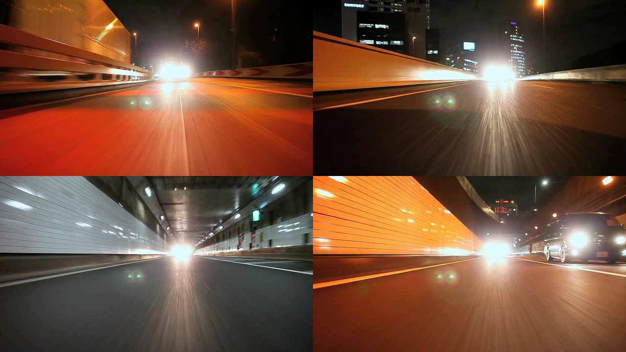 东京夜间高速公路，后视（延时）