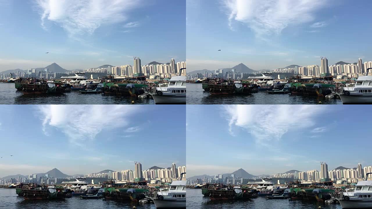 香港台风避难所平静的海面和船只