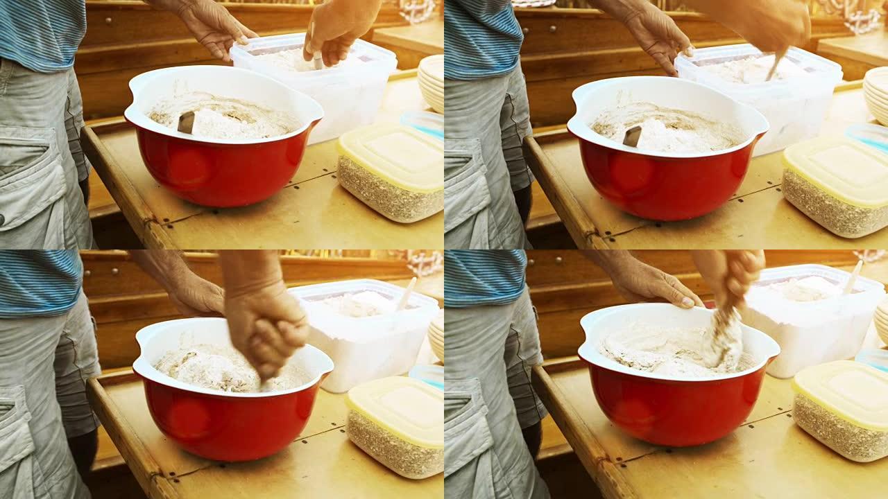 准备质朴的黑面包，将新鲜面粉放入碗中