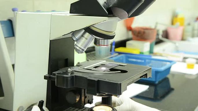 科学家在实验室观察显微镜的特写