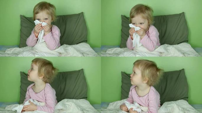 流鼻涕的小女孩躺在床上