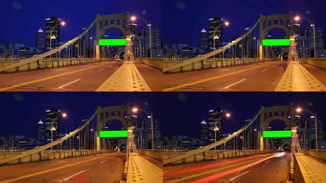 傍晚时分，高速汽车在通往城市的桥上延时
