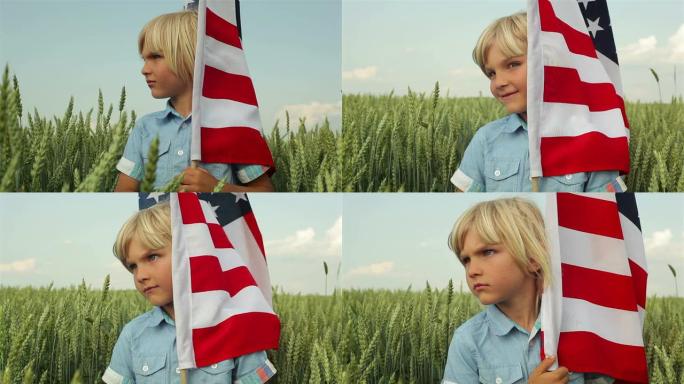 美国国旗在我手中小男孩国旗