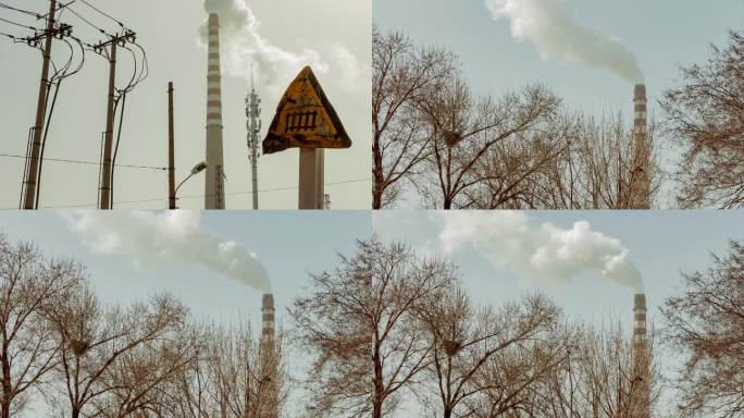 烟囱电厂冒烟雾霾环境通讯电讯电力枯树鸟窝