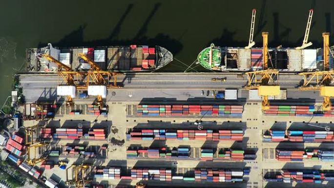 货柜和船舶的航拍画面在俯视图中