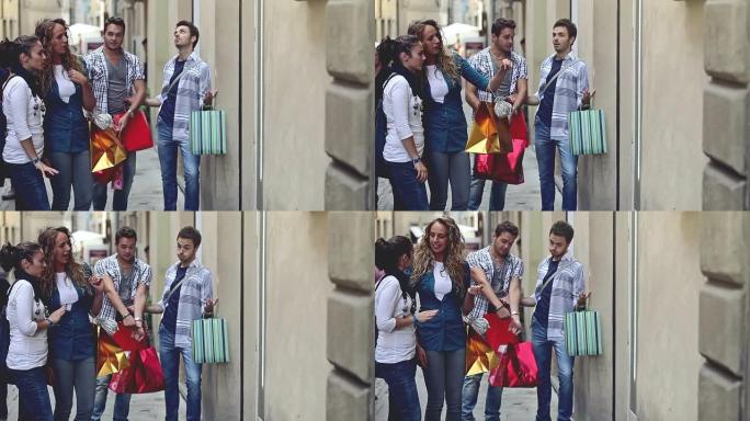 购物活动: 快乐的女孩，无聊的男孩