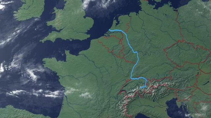 莱茵河-世界河流太空俯冲特效动画地区地域