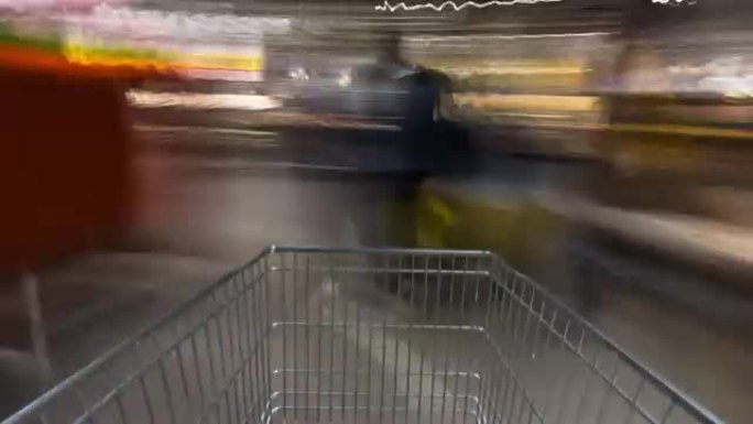 手推车在超市购物时运动模糊。延时4k过度