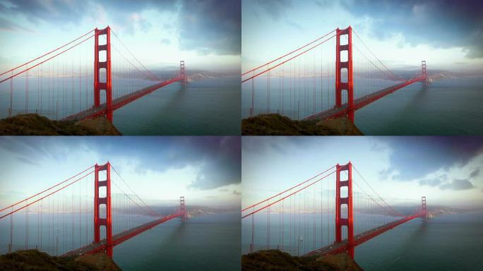 旧金山金门大桥风云变幻红色桥梁乌云笼罩