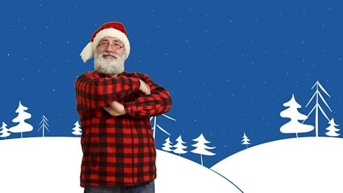 成人高级胡须男子展示复制空间，戴着帽子交叉双臂圣诞老人在卡通背景下以冬季为主题