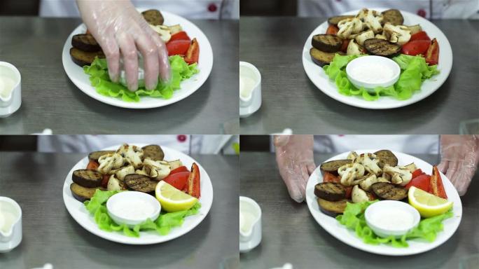 厨师用蔬菜烹制菜肴。