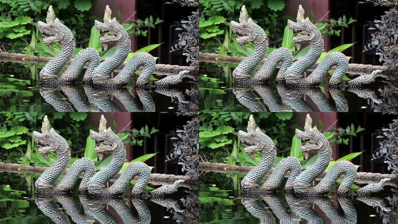 泰国旅游视频蛇龙雕像。清迈佛教寺庙。