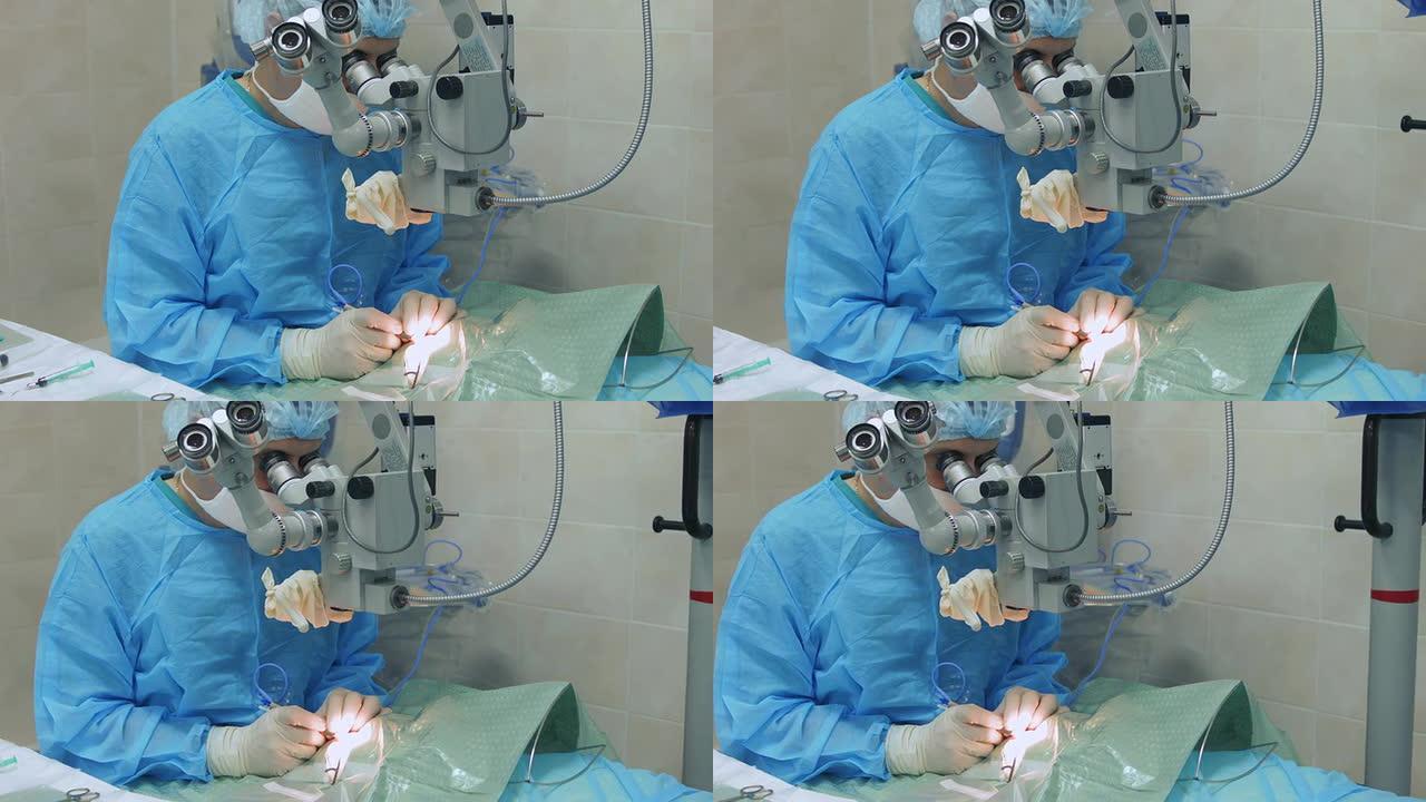 显微外科医生用眼睛看着显微镜