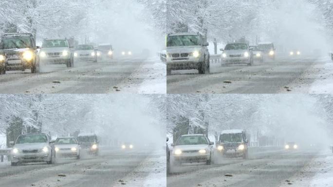 暴风雪中的交通大雪雪灾鹅毛大雪车道难走