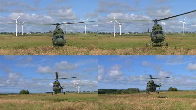 米-2直升机起飞风力发电机起飞动力风吹草