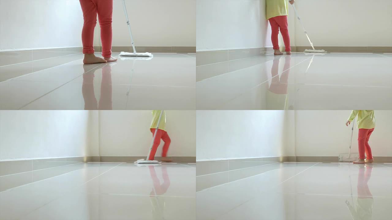 亚洲中国幼童在清洁地板时伸出援手