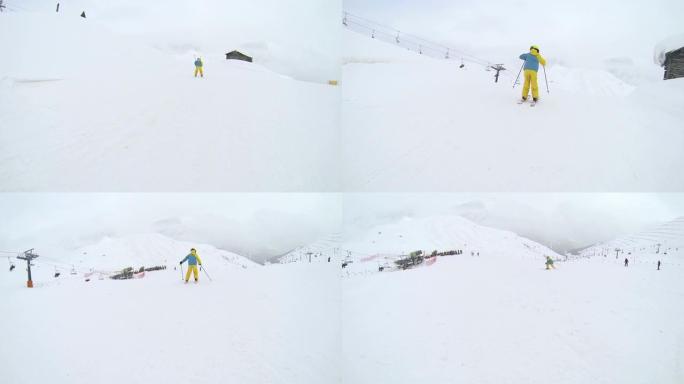 高清慢动作：滑雪场斜坡上的儿童滑雪者