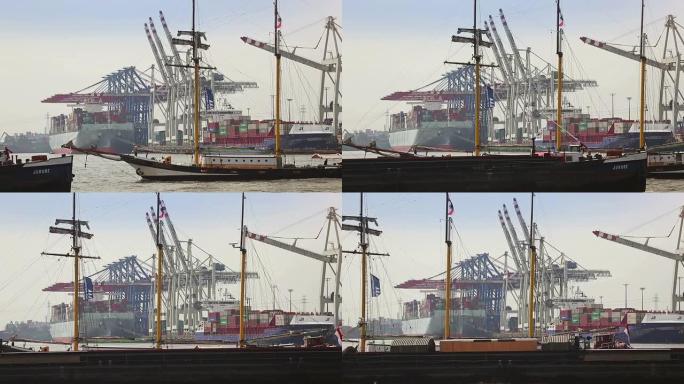 汉堡港集装箱码头繁忙忙碌起重机塔吊航吊经