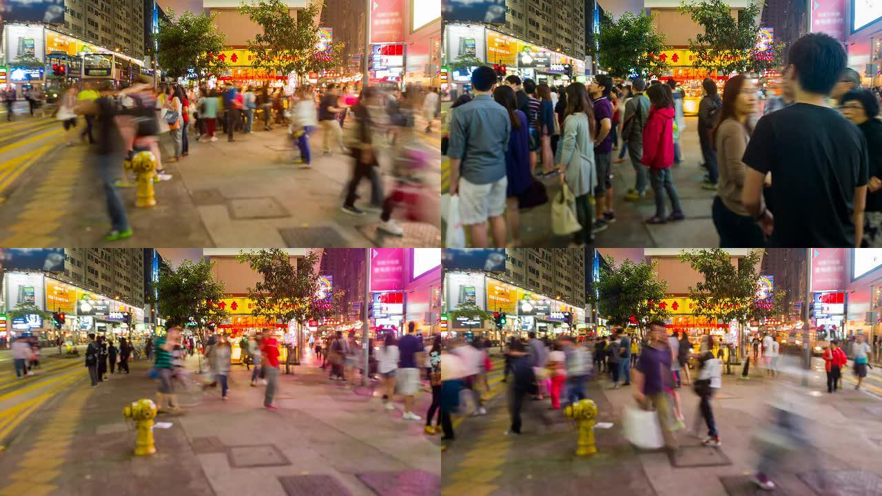 香港街景步行街商业街人流穿梭夜晚夜景