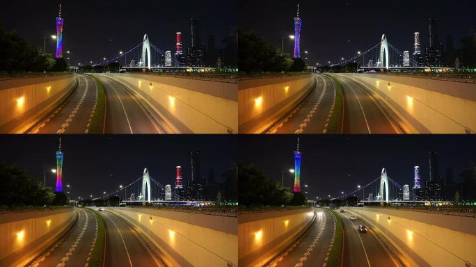 夜晚，广州城市街道和现代建筑繁忙的交通，时间流逝。