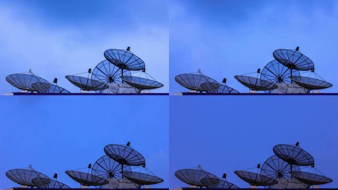 黄昏时的卫星天线信号传输5G信号塔