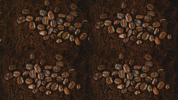 咖啡渣上的咖啡豆，平移vdo